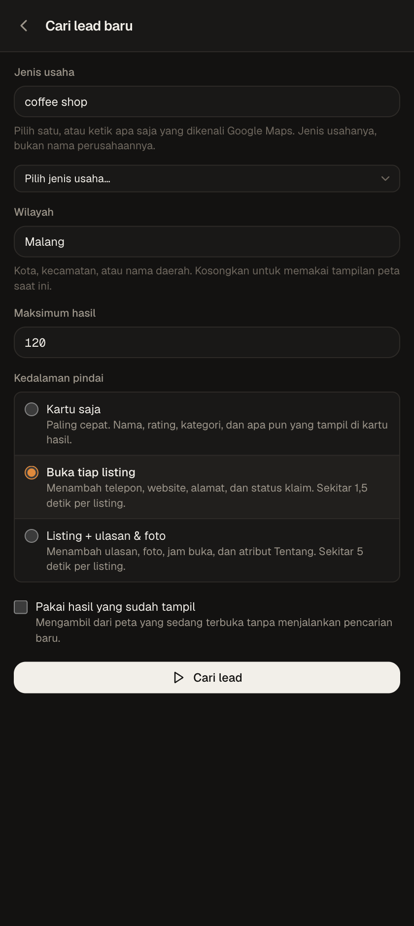 Layar pencarian SiteFrenz dengan kolom jenis usaha, wilayah, dan pilihan kedalaman pindaian